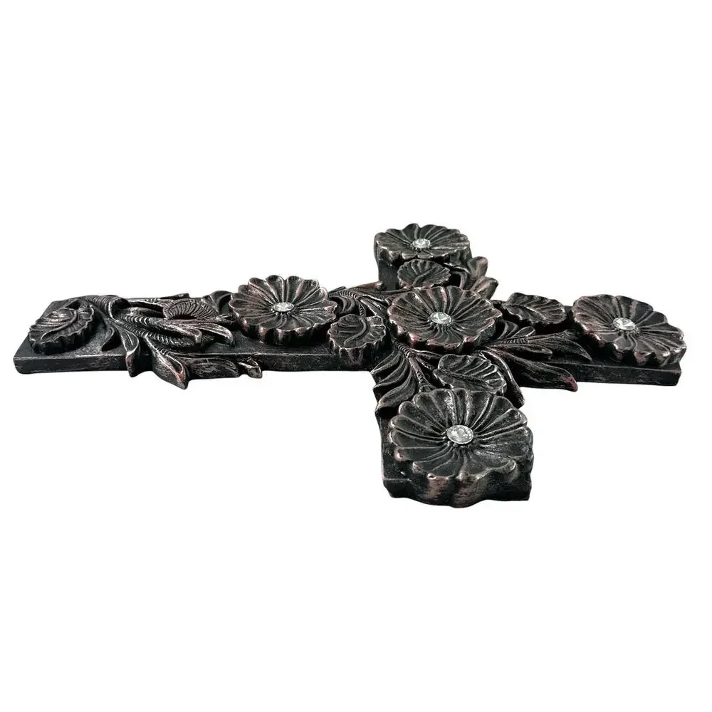 Decorative Floral Wall Cross Heavy Resin Pink Metallic Rhinestone Accents 10x14